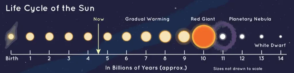 Illustration of the life cycle of the Sun, including the stages of birth, gradual warming, red giant, planetary nebula, and white dwarf.