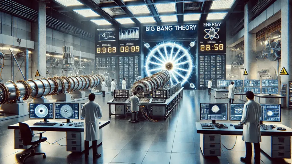 Experiments in Particle Physics provide evidence of the Big Bang Theory. Experiments in particle physics simulate conditions of the early universe and provide proof for the Big Bang Theory.