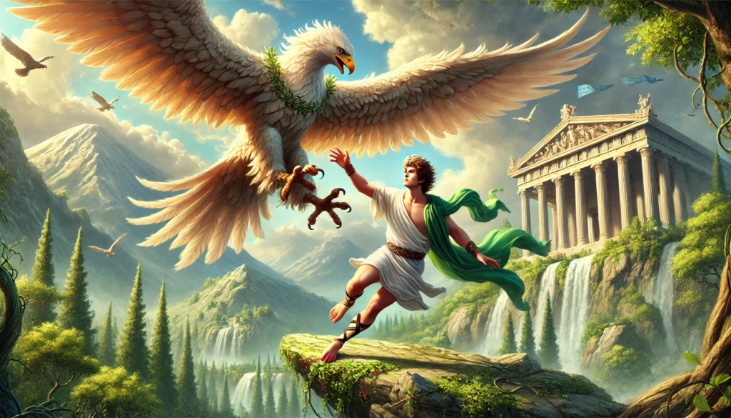 Ganymede being taken away by Zeus in the form of an eagle, depicting Greek mythology.