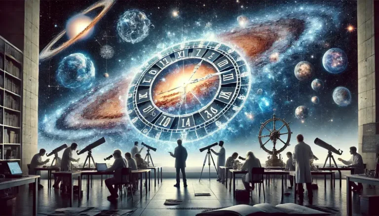 This conceptual image shows a cosmic clock with celestial elements. It illustrates how scientists estimate the age of the universe.