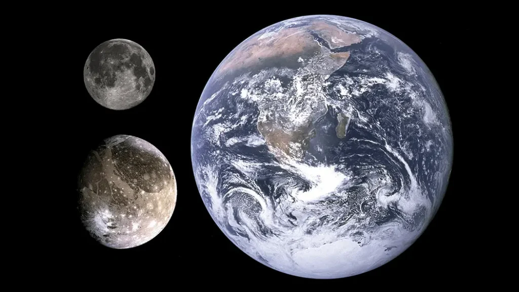 Size comparison of Earth, Earth's moon, and Ganymede