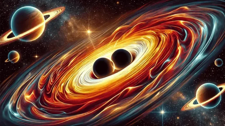 Artist's illustration of what happens when two black holes collide.