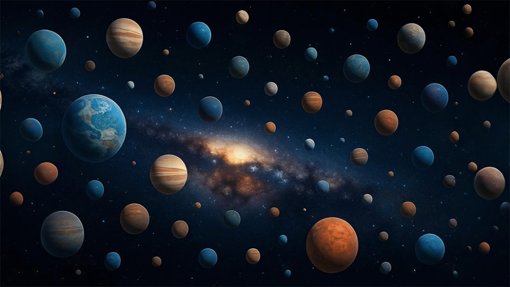 How many planets are there in the galaxy, shown with a vast number of distant planets across space.