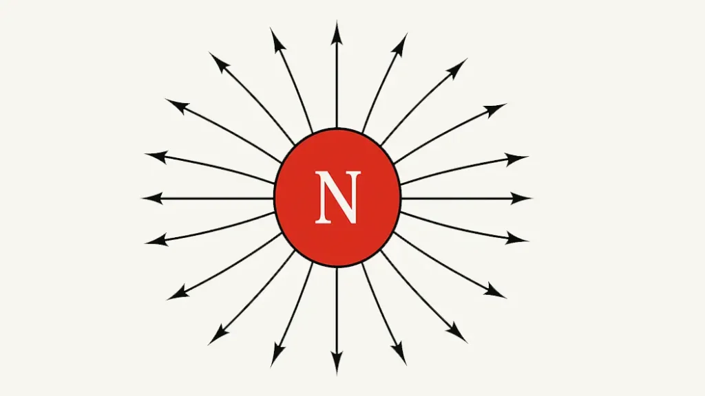 Magnetic monopole with a single north pole, unlike dipole magnets which have both poles. Illustration of a magnetic monopole showing only a north pole, unlike a typical dipole magnet.