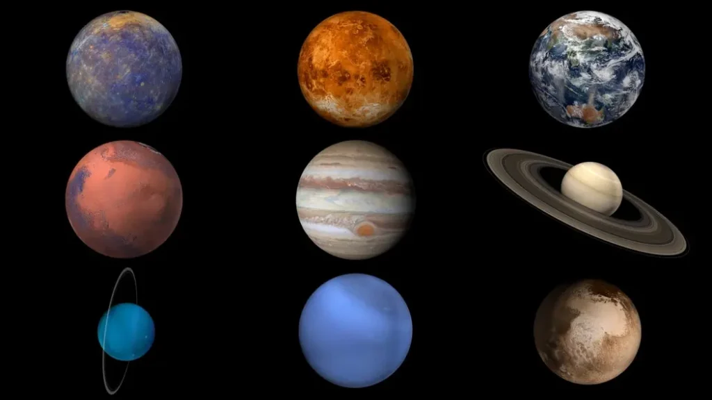 Shapes of planets, moons, and stars in the solar system, influenced by gravity. Shapes of planets like Jupiter, Saturn, and the Moon, showing round shapes due to gravity