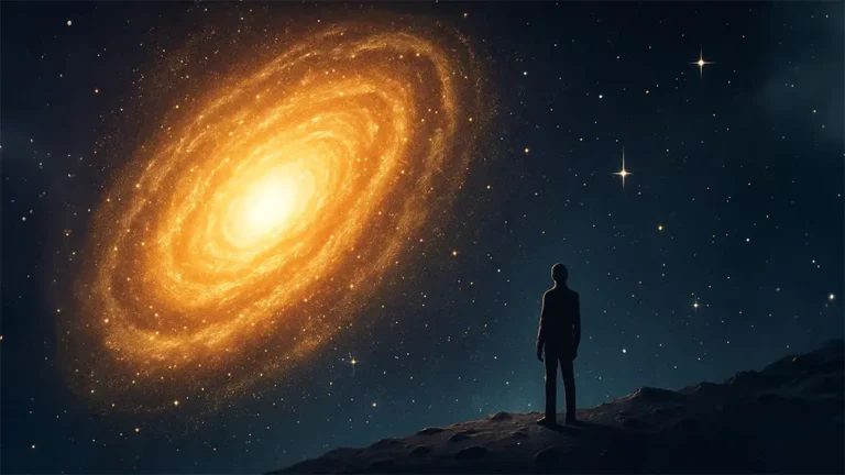 A person pondering the question, "What Is the Biggest Thing in the Universe?" while gazing at a galaxy
