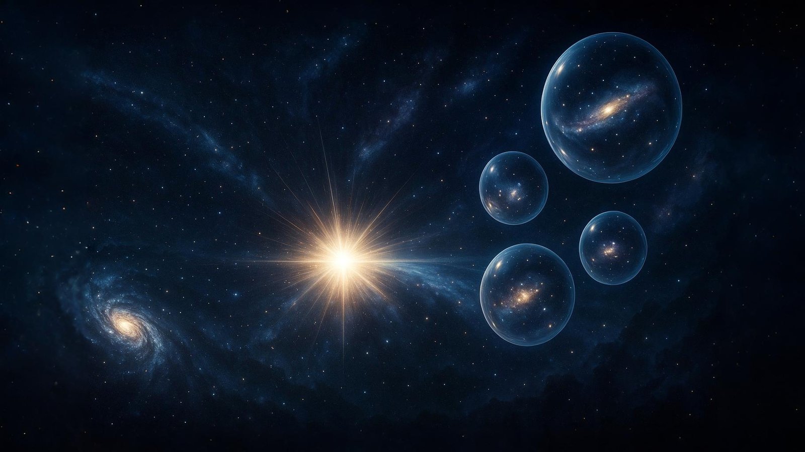 A conceptual illustration showing multiple universe bubbles, galaxies, and a cosmic explosion to represent scientific theories about the origin of the universe.
