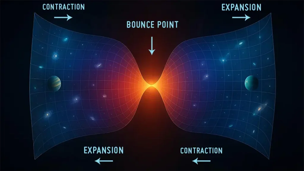 The Big Bounce theory: the universe collapses and starts again with a new Big Bang. Illustration of the Big Bounce theory showing a collapsing and rebirthing universe