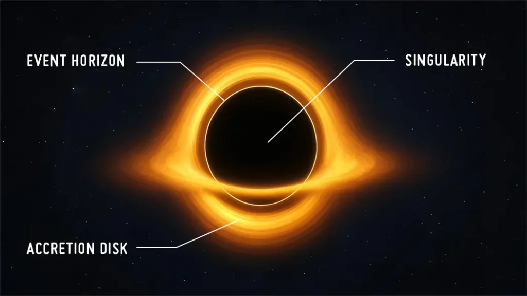 Black hole with labeled event horizon – the surface that inspired the holographic universe theory Illustration of a black hole showing the event horizon