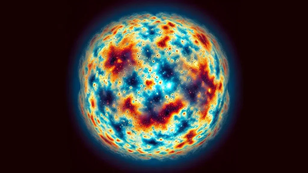 Cosmic Microwave Background visualization showing temperature fluctuations with blue indicating cooler areas and orange/red indicating warmer areas. An image of the Cosmic Microwave Background showing temperature fluctuations in orange, red, and blue tones.