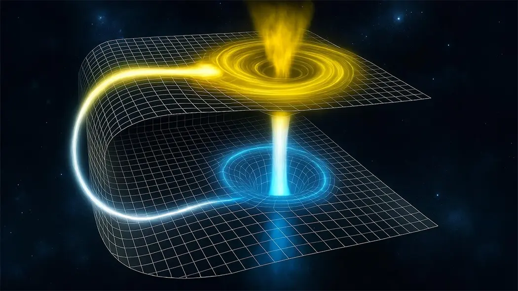 Illustration of the Einstein-Rosen Bridge, a space-time tunnel connecting two regions with energy flows, representing the concept of wormholes in physics.