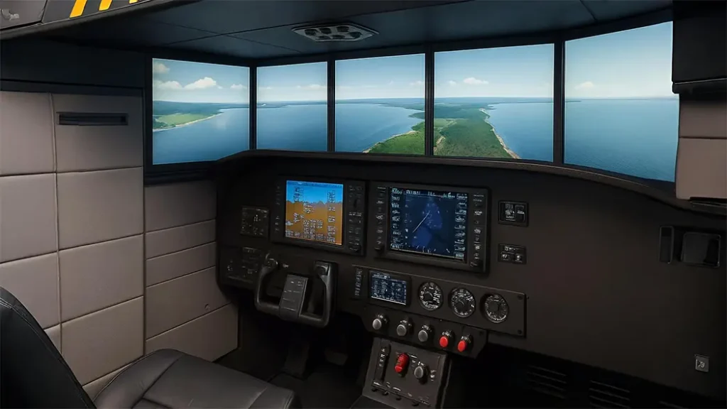 Flight simulator used as an example to explain what a simulation is A realistic flight simulator setup with multiple screens showing a coastal landscape, used to illustrate the concept of simulation.