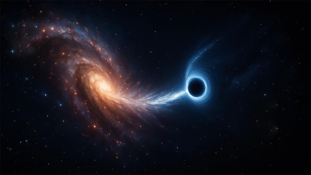 A cosmic scene showing a spiral galaxy being pulled into a black hole, visualizing How Will the Universe End.