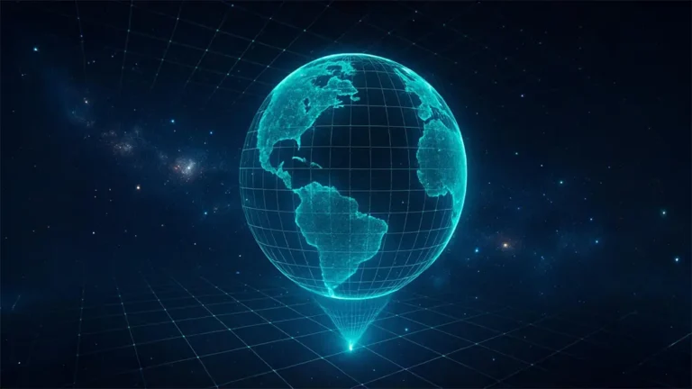 Is our universe a hologram? A digital holographic Earth projected in space, reflecting the theory of a holographic universe.