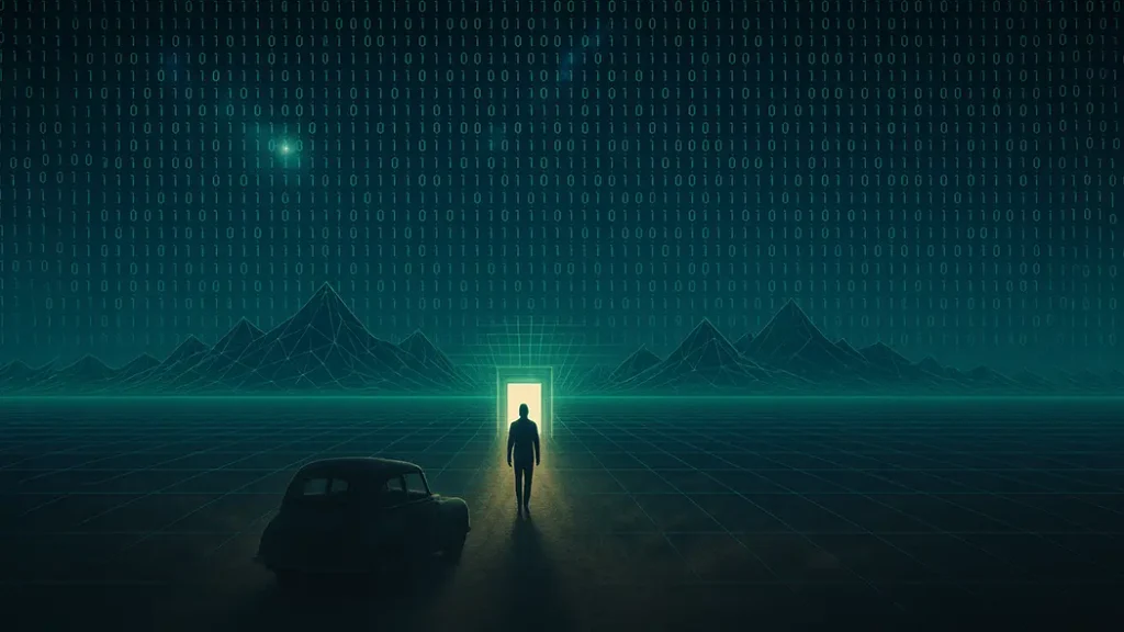 Concept art illustrating the Simulation Hypothesis, showing a person walking toward a glowing doorway in a digital world — asking Are We Living in a Simulation