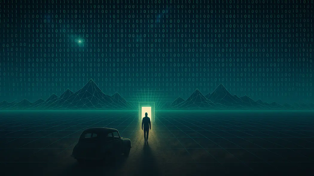 Concept art illustrating the Simulation Hypothesis, showing a person walking toward a glowing doorway in a digital world — asking Are We Living in a Simulation